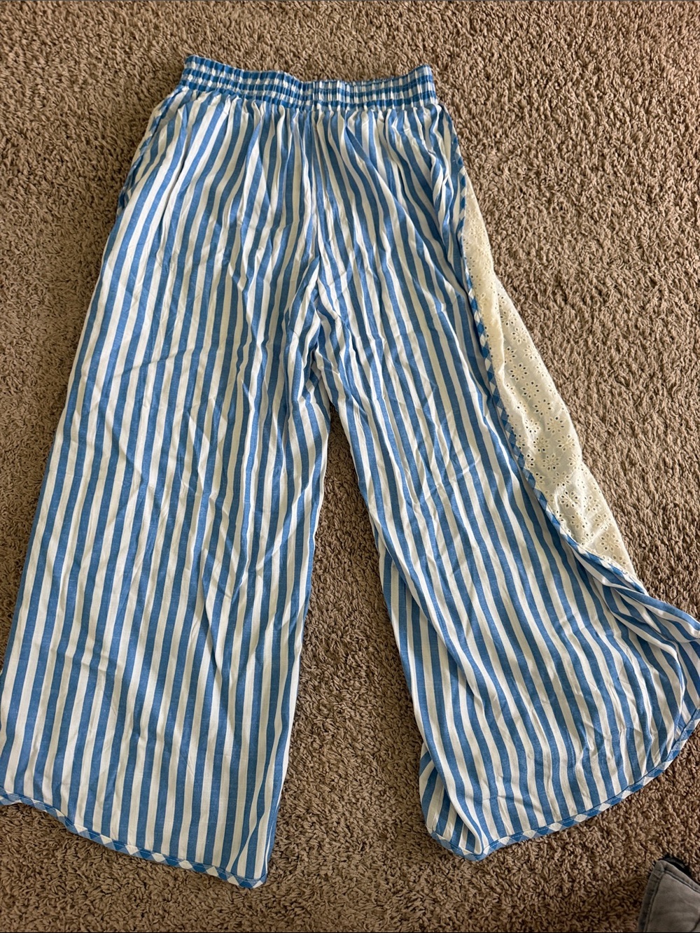 Blue & White Striped Girls' Wide-Leg Pants